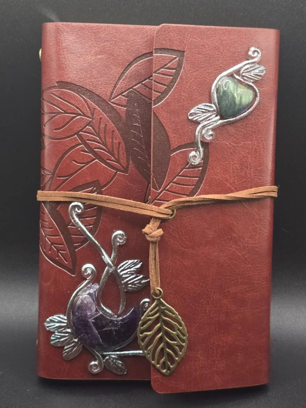 Brown Faux Leather Journal | Amethyst Crescent Moon & Labradorite Heart